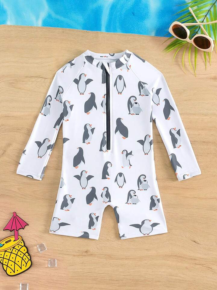 Baby Boys' Penguin Print Half-Zip One-Piece Swimsuit With Zipper For Summer, Long Sleeve Bathing ... | SHEIN
