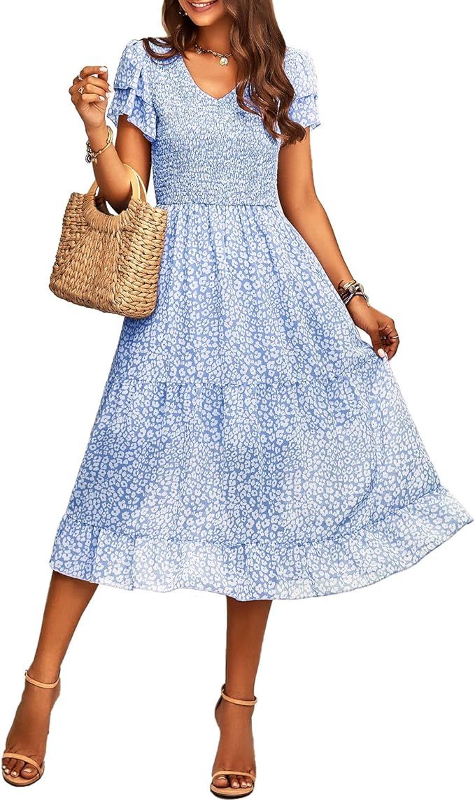 AILLOSA Women's Summer Floral Boho Dress V Neck Short Sleeve A Line Casual Midi Dress | Amazon (US)