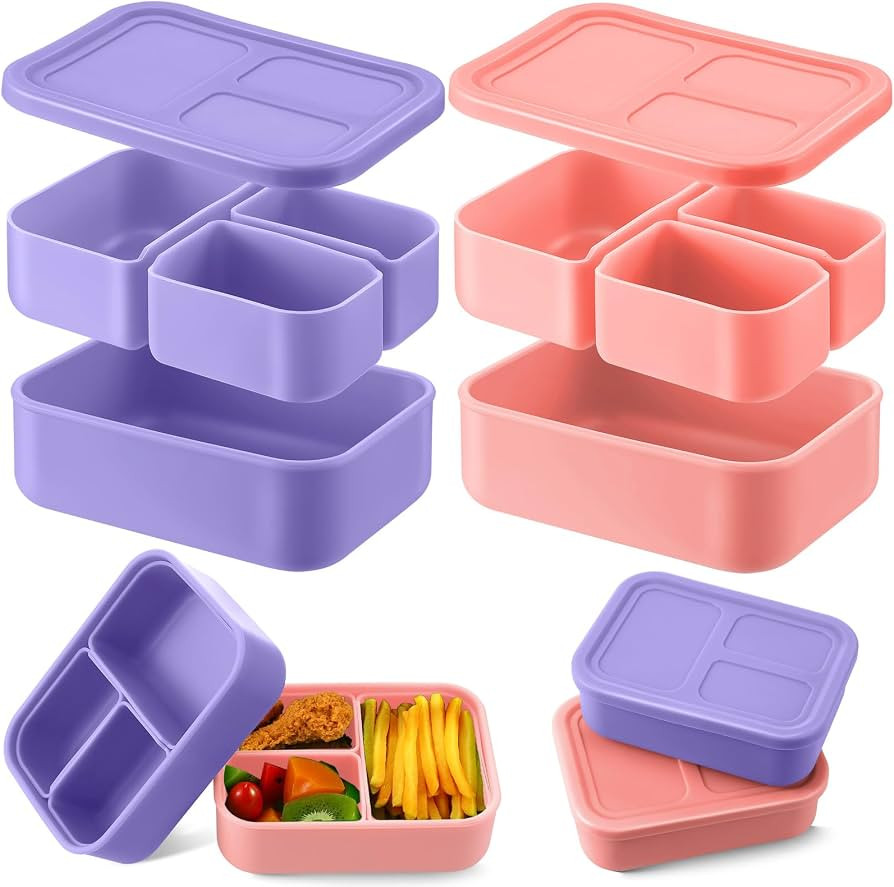 Baderke 2 Pcs Silicone Bento Box for Kids Lunch Box with 3 Compartments Leak-proof Bento Box Cont... | Amazon (US)