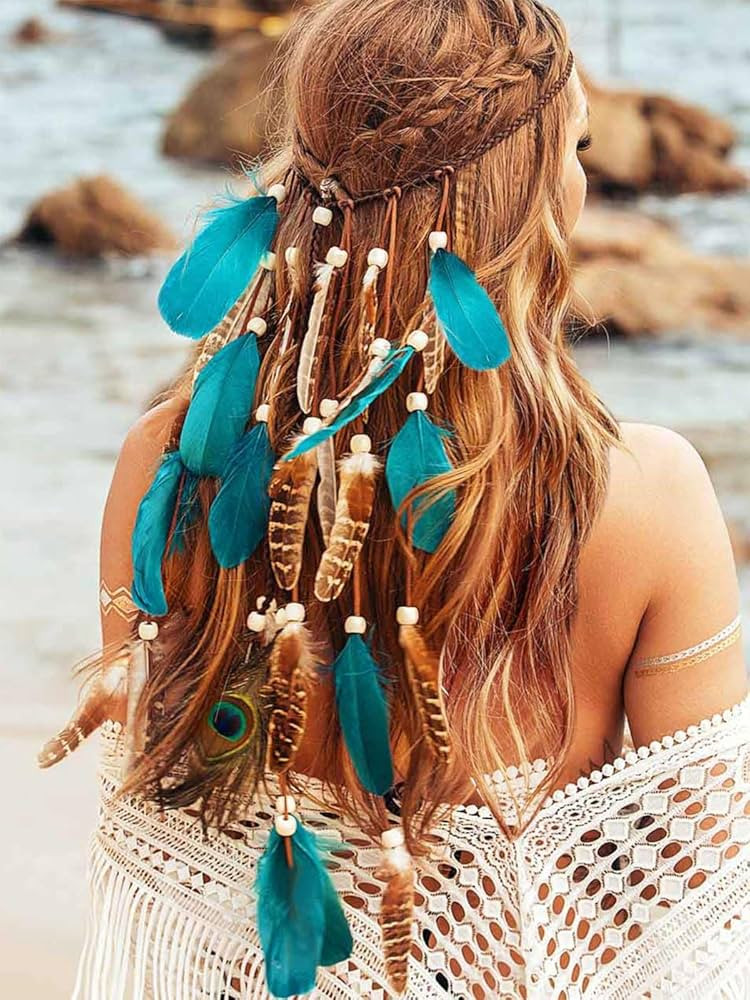 GORTIN Boho Feather Headband Hippie Headpiece White Gypsy Costume Headband Indian Hair Band Festi... | Amazon (US)