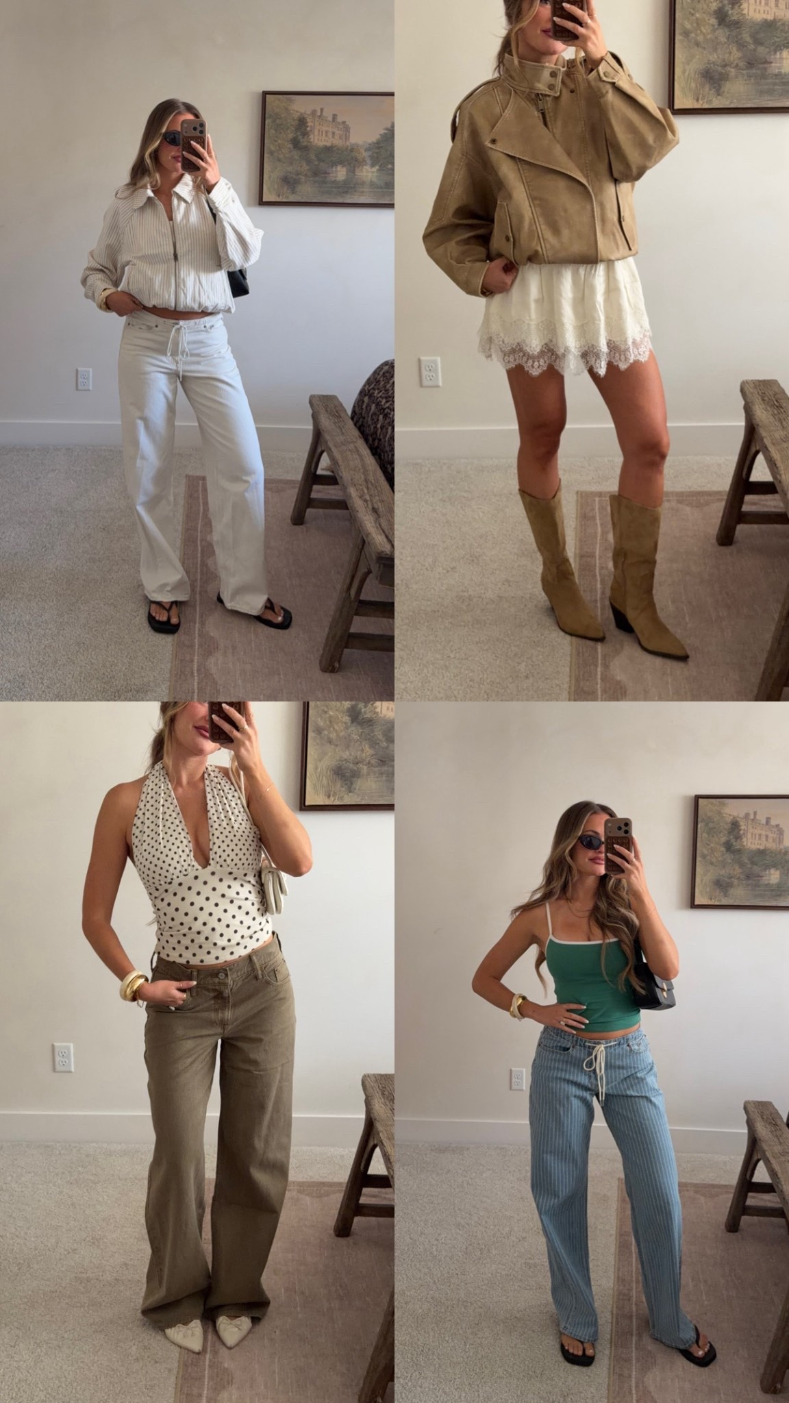 #abercrombiepartner spring outfit ideas from @abercrombie 🤍 I’m in size S in the polka dot top, 26 long in the low rise jeans, S in the lace skort, S in the tank top (built in bra!) and M in the jackets! 