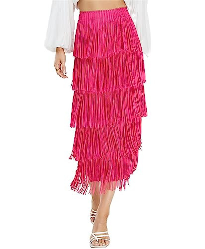 Kisidoo Women's Fringe Trim High Waist Short Pencil Bodycon Skirts, Sexy Elegant Fringe Long Maxi Skirt Summer Party Work Rose Red | Amazon (US)