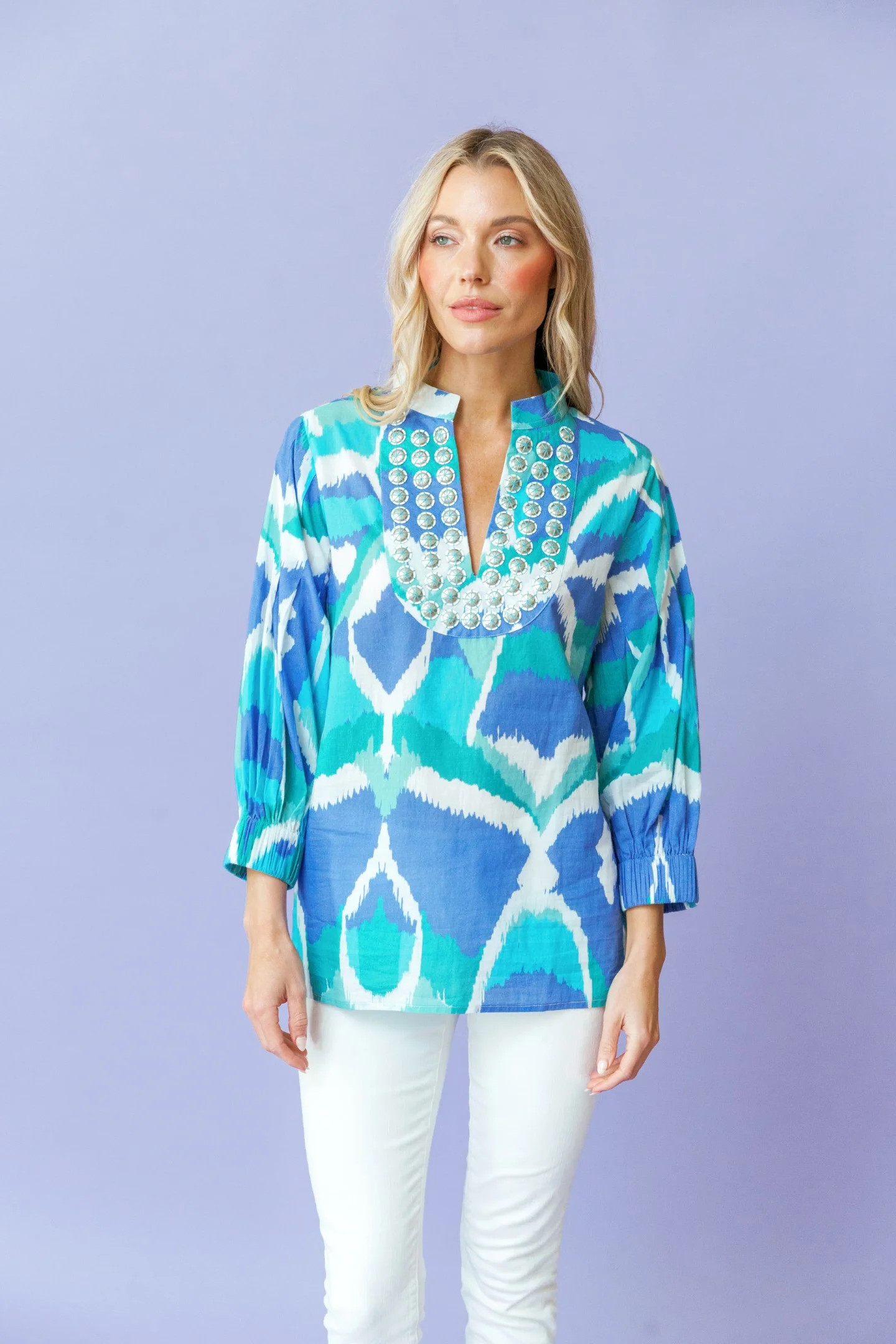 Sheridan French I Resort 2024 I Olive Tunic in Cerulean Watercolor Ikat | Sheridan French