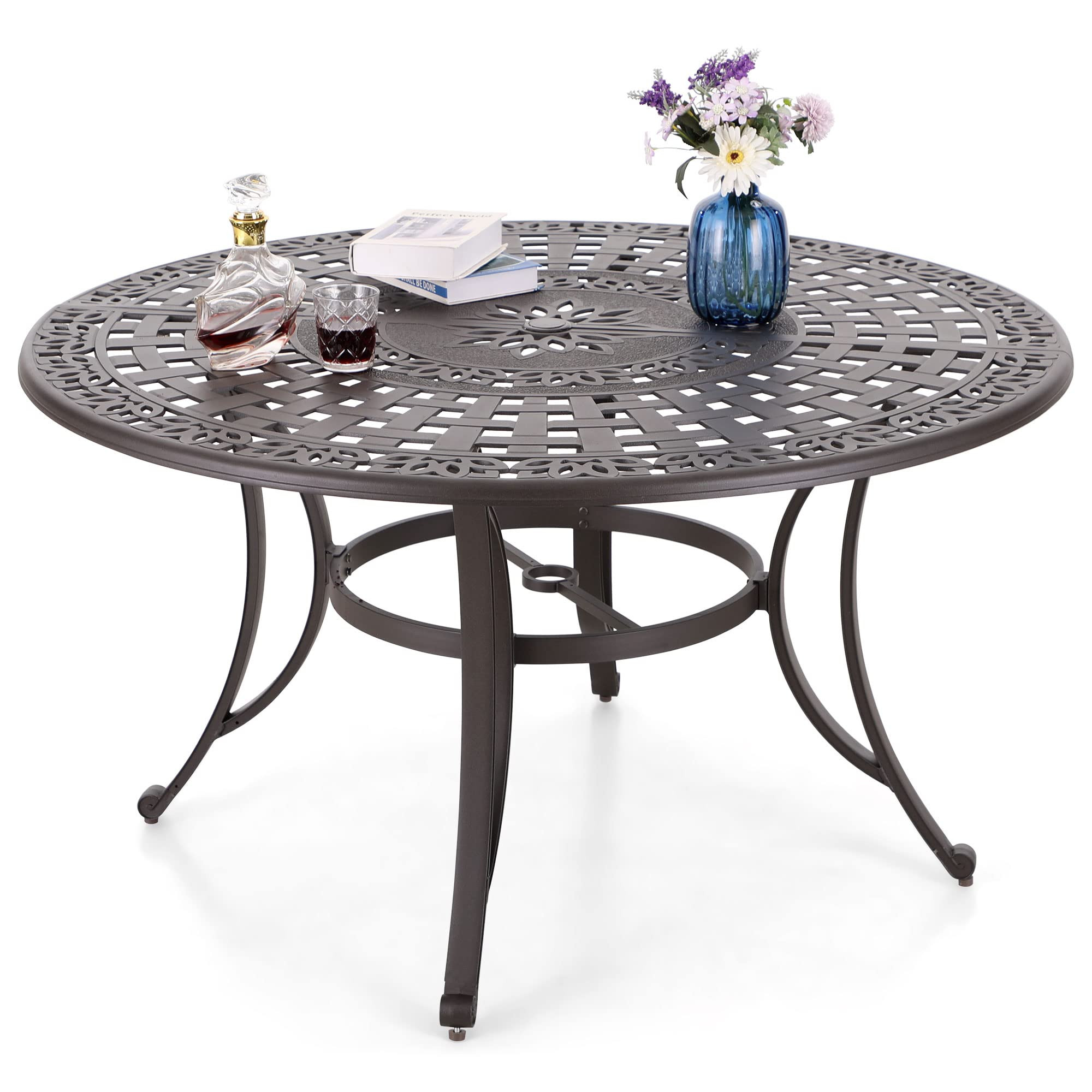 MFSTUDIO Cast Aluminum 54" Round Patio Dining Table with Retro Design Pattern, Umbrella Hole, Out... | Amazon (US)