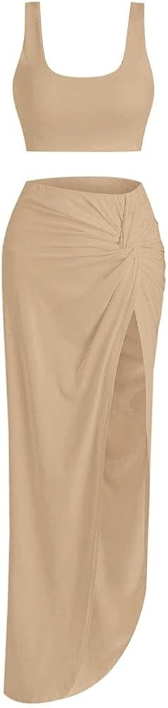 ZAFUL Women’s 2 Pieces Skirt with Crop Tank, High-Slit Twist Skirt Set Bodycon Dress for Party Club  | Amazon (US)