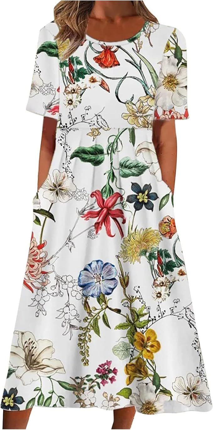 Women's Boho Dress Short Sleeve O-Neck Pocket Dress Casual Print Short Crewneck Dress Spring Dres... | Amazon (US)