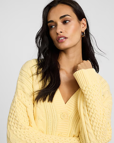Relaxed V-neck Cable Knit Cardigan | Express