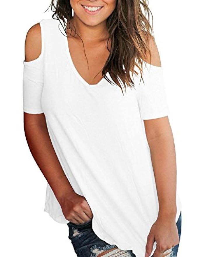 Uniboutique Women's Casual Cold Shoulder Tops V Neck T Shirts Short Sleeve Flowy Tunic Tee | Amazon (US)