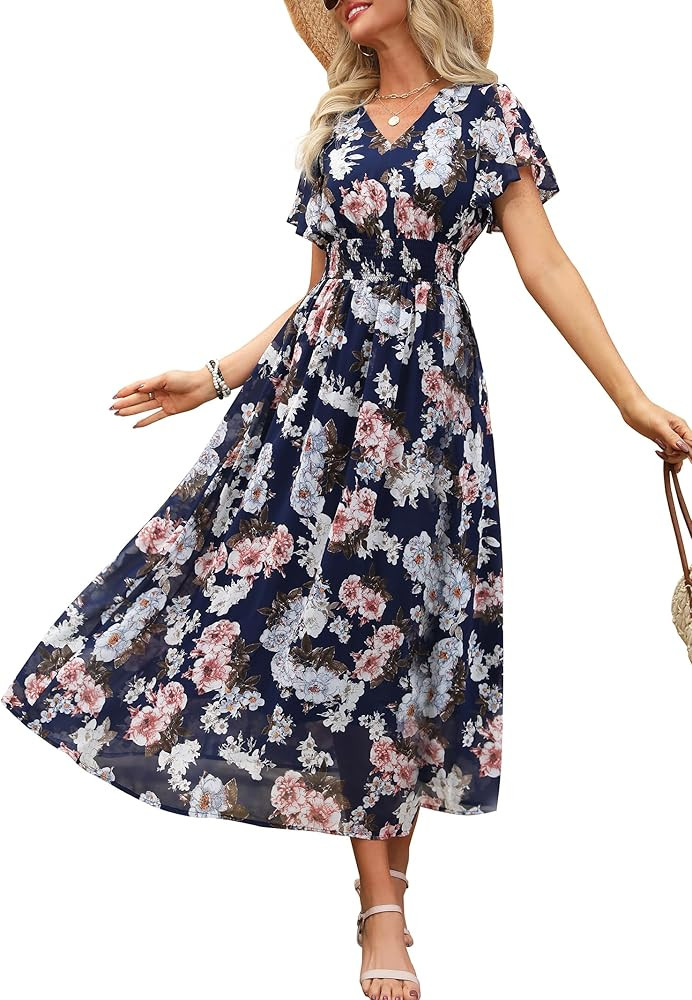 ANRABESS Womens Summer Floral Maxi Dress Casual V Neck Short Sleeve Chiffon Boho Flowy Beach 2026... | Amazon (US)