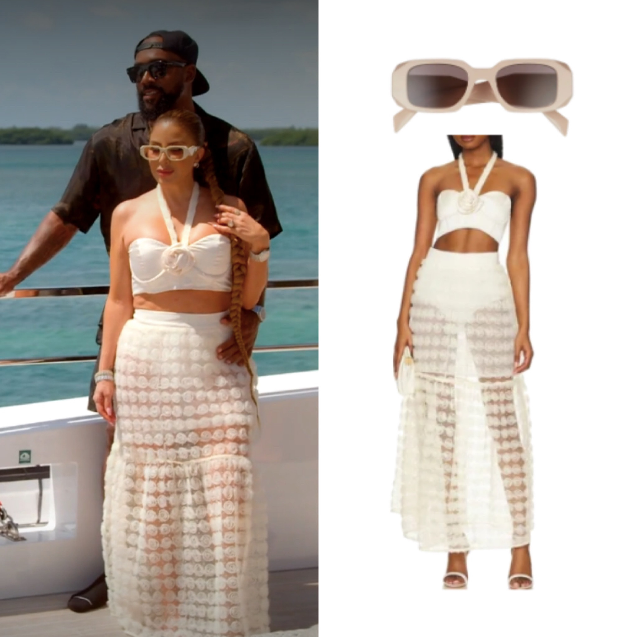 Larsa Pippen’s White / Ivory Rosette Crop Top, Skirt and Sunglasses
