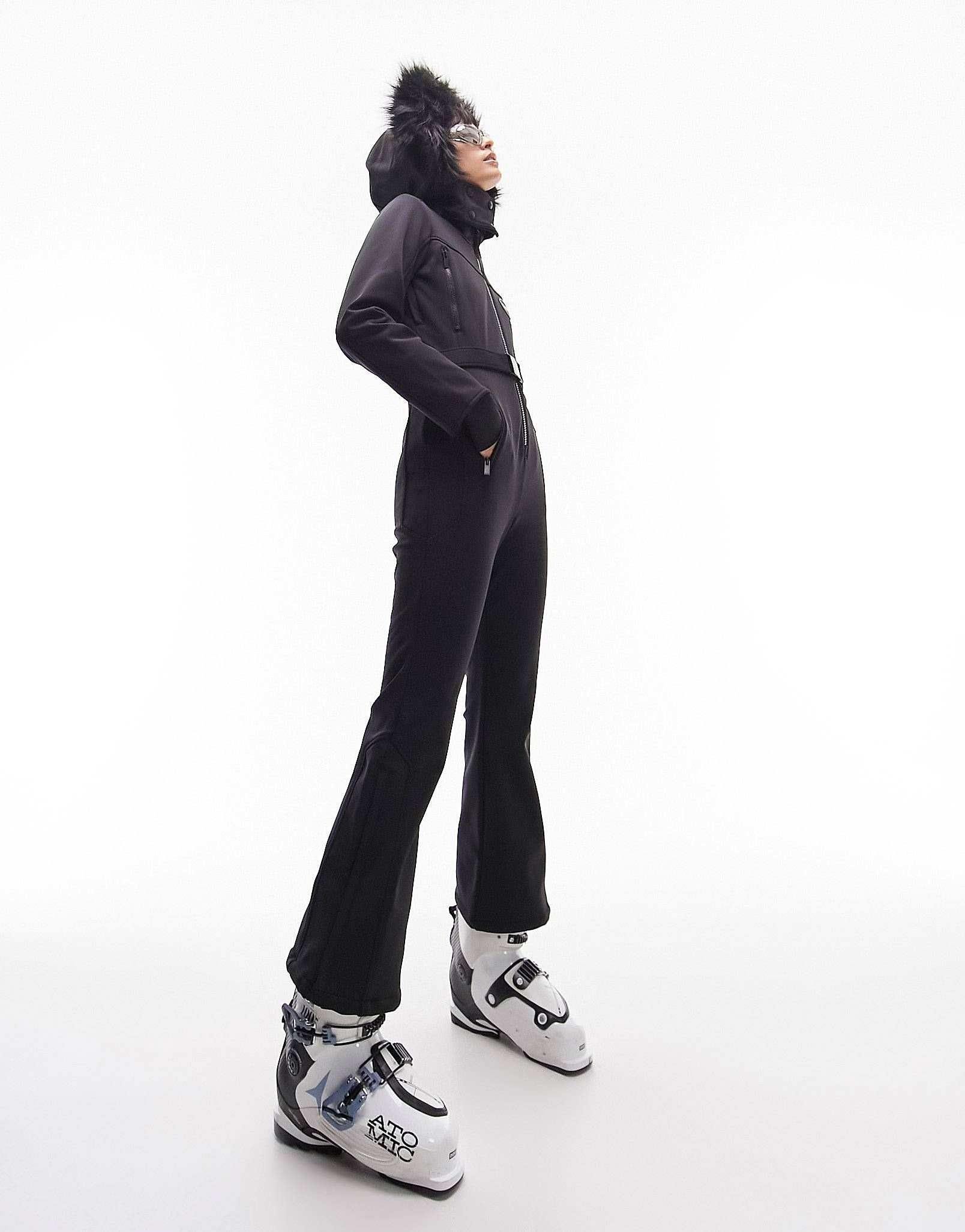 Topshop Sno ski suit with faux fur hood & belt in black | ASOS (Global)