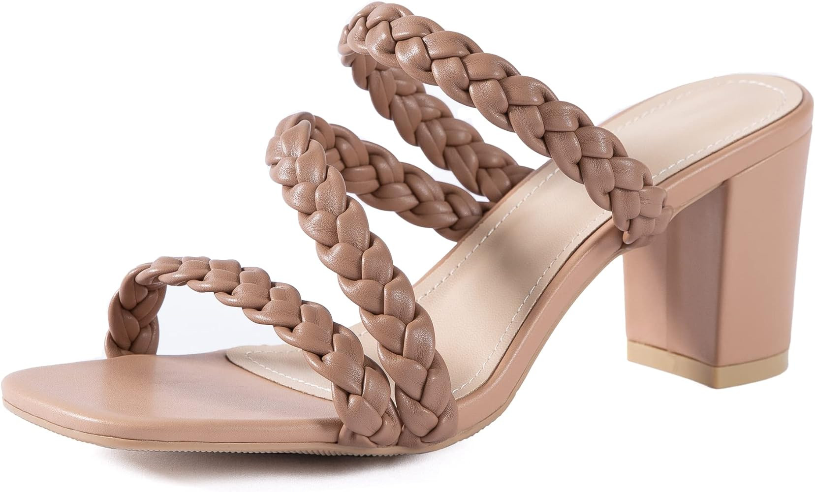 Women Heels Sandals Woven Chunky Heels Braided Nude Square Toes Leather Comfortable Strappy Dress... | Amazon (US)