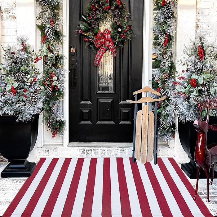 Red & White Christmas Striped Rug, 27.5'' x 43'' Indoor/Outdoor Area Rug for Farmhouse Front Porc... | Amazon (US)