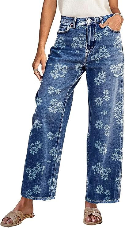 Flamingals High-Rise Vintage Floral Straight Leg Pants for Women Summer Casual Denim Pants | Amazon (US)