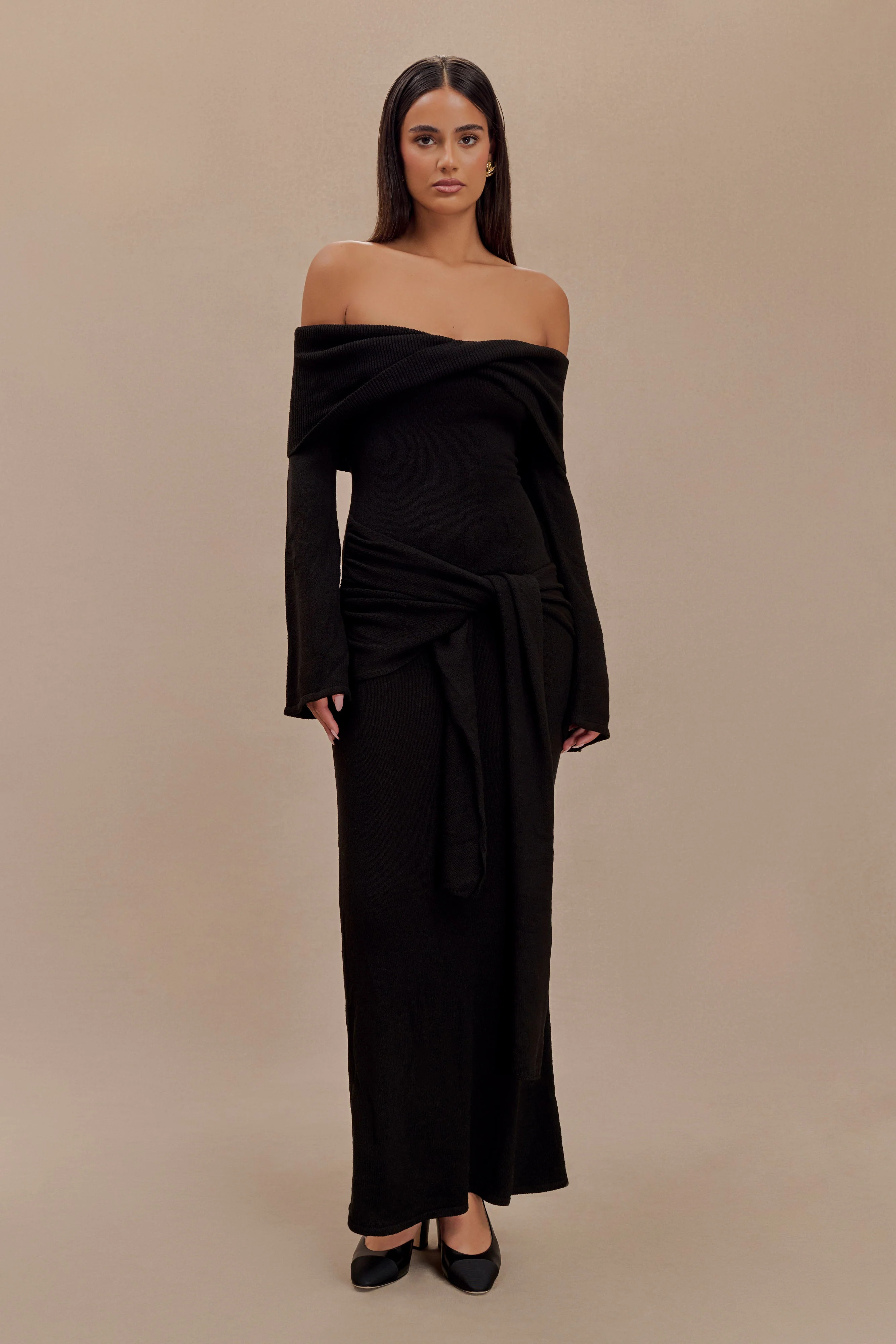 Cameron Off Shoulder Tie Maxi Dress - Black | MESHKI US