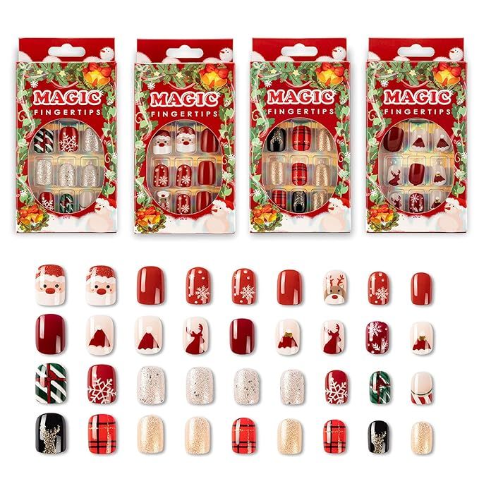 Noverlife 96PCS Christmas Press on False Nails Short Squoval Christmas Fake Nails with Nail Glue ... | Amazon (US)