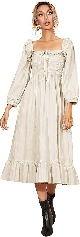Women's Linen Fall Long Sleeves Stripes Ruffled Boho Casual A-Line Flowy Midi Dresses | Amazon (US)