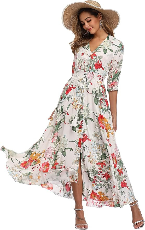 VintageClothing Women's Floral Maxi Dresses with Sleeves Flowy Boho Beach Dress | Amazon (US)
