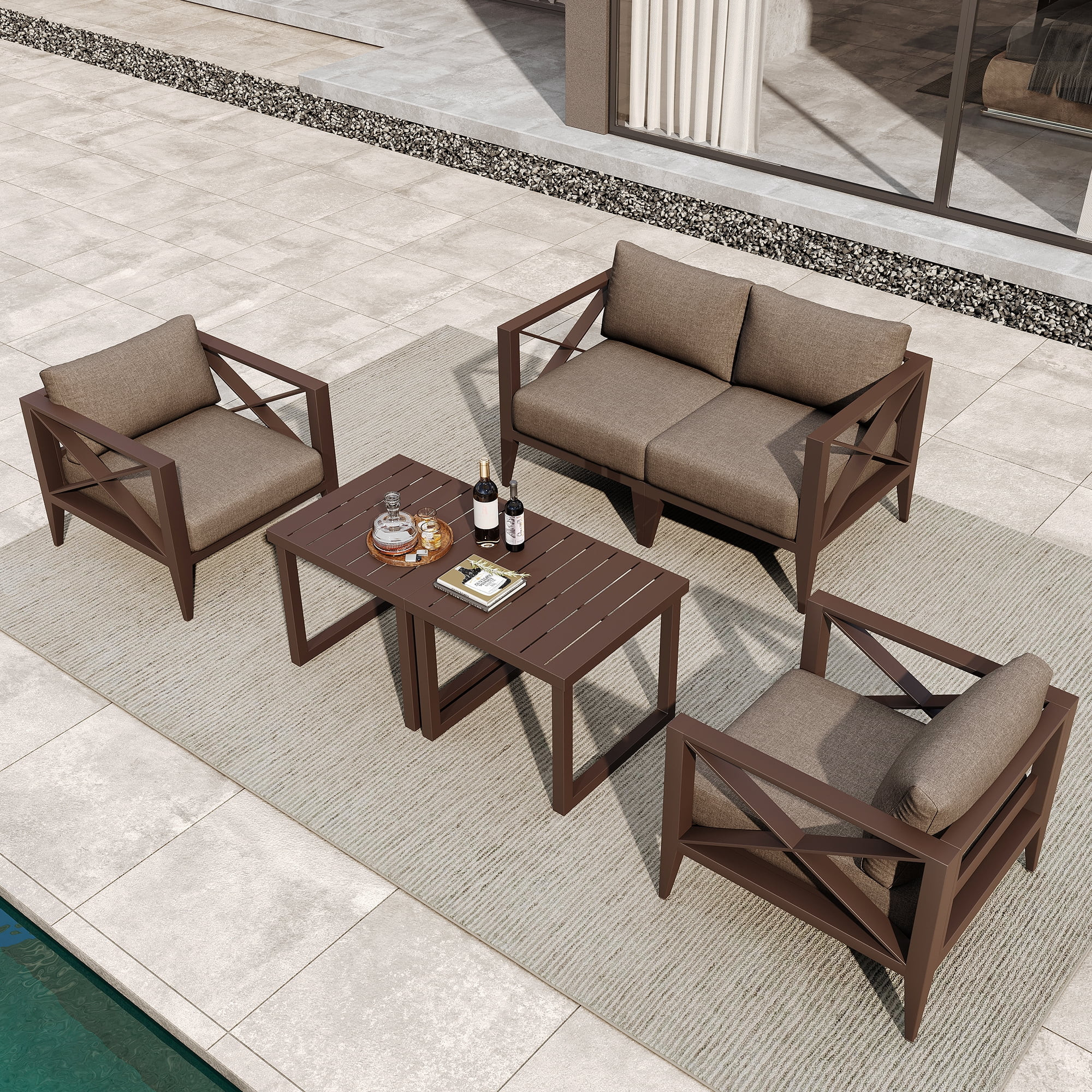MAISON HUIS  Outdoor Aluminum Patio Furniture Set, 5 Piece All-Weather Patio Sectional Conversati... | Walmart (US)