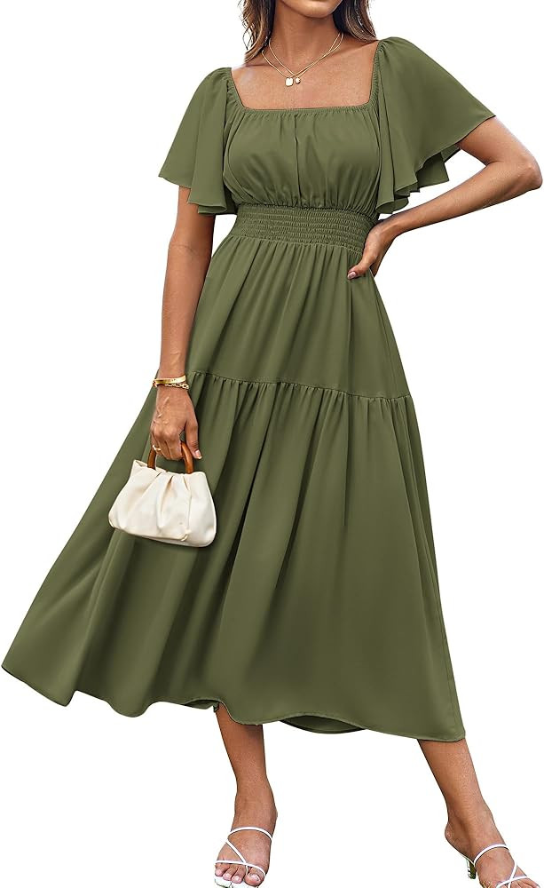 GRACE KARIN Women's Elegant Summer Chiffon Dresses Square Neck Short Ruffle Sleeve A-Line Long Dr... | Amazon (UK)