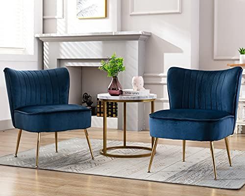 Janoray Velvet Accent Chair Set of 2 Comfy Living Room Chair Armless Slipper Chair Mid Century Side  | Amazon (US)