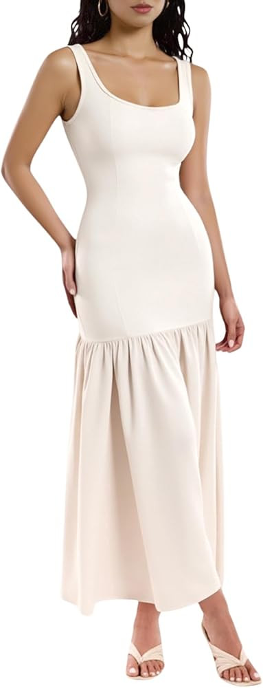 Women's Ruffle Hem Bodycon Maxi Dress Elegant Scoop Neck Sleeveless Going Out Dresses | Amazon (US)