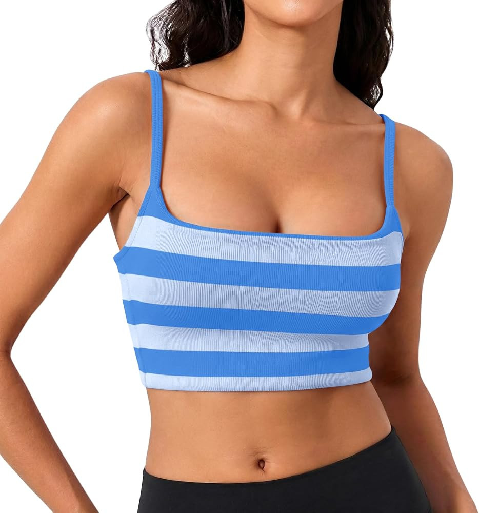 Aoysky Womens Striped Square Neck Sports Bras Spaghetti Straps Ribbed Padded Low Impact Yoga Work... | Amazon (US)