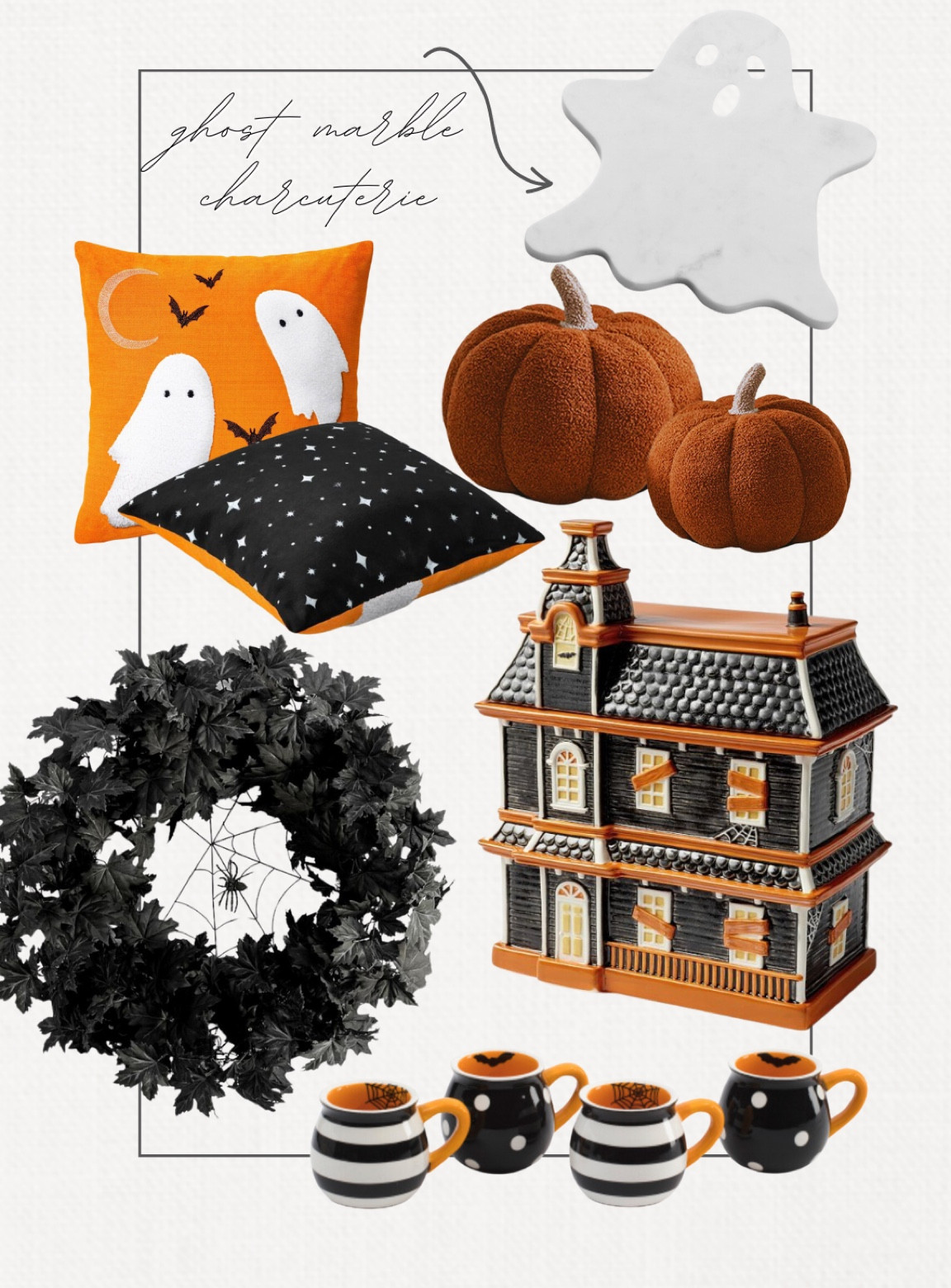 Fun, traditional, orange and black Halloween decor/ghost charcuterie board/cute Halloween mugs/Halloween cookie jar/Halloween wreath/Halloween pillows

#LTKSeasonal #LTKHome #LTKParties