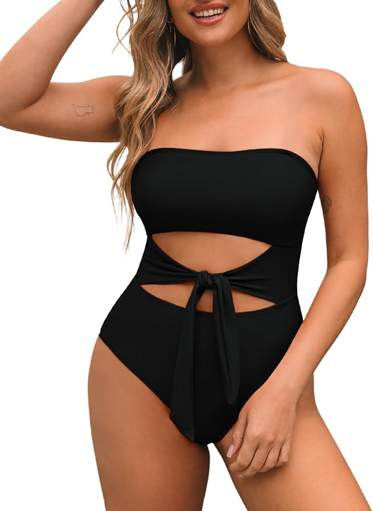 Pink Queen Women Bandeau One Piece Swimsuit Removable Strap Cutout Tie High Waist Bathing Suit Mo... | Amazon (US)