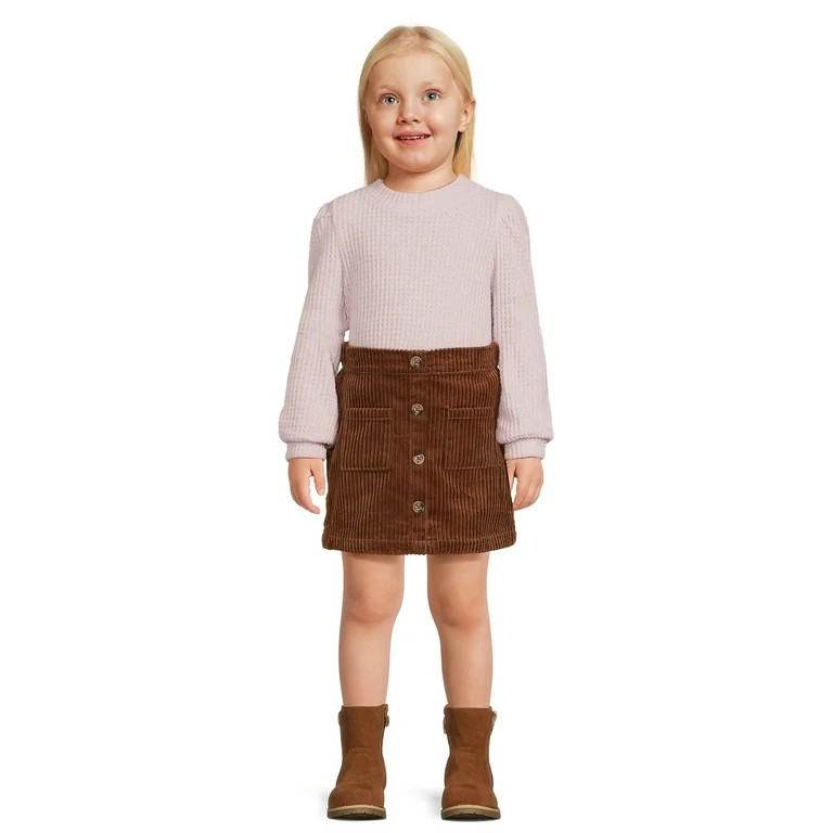 Wonder Nation Toddler Girl Waffle Knit Top and Corduroy Skirt Set, 2-Piece, Sizes 12M-5T | Walmart (US)