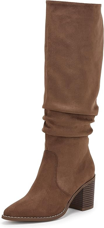 Huiyuzhi Womens Pointed Toe Mid Chunky Heel Side Zipper Knee High Boots Tall Booties | Amazon (US)