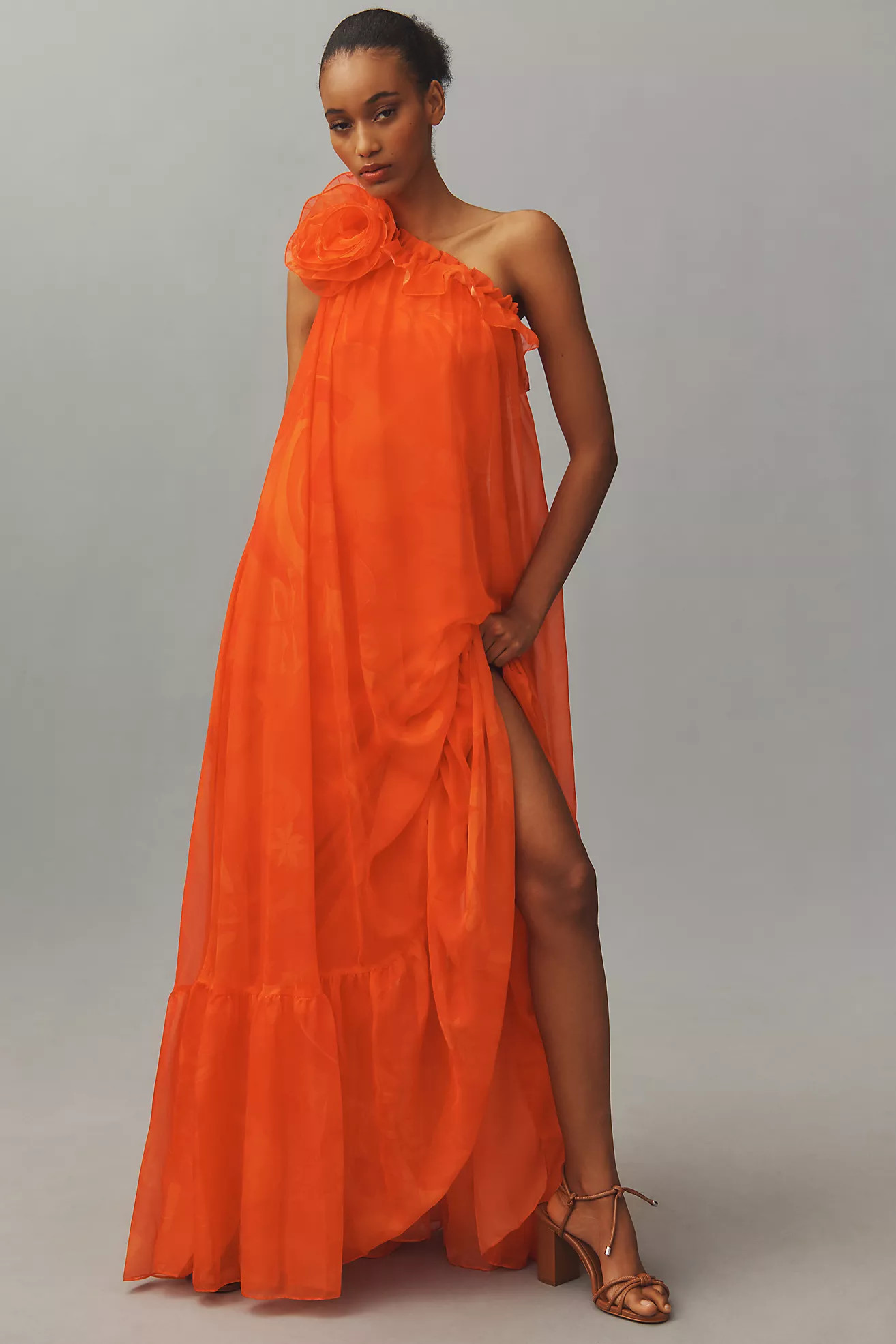 Mac Duggal One-Shoulder Rose Ruffle Maxi Dress | Anthropologie (US)