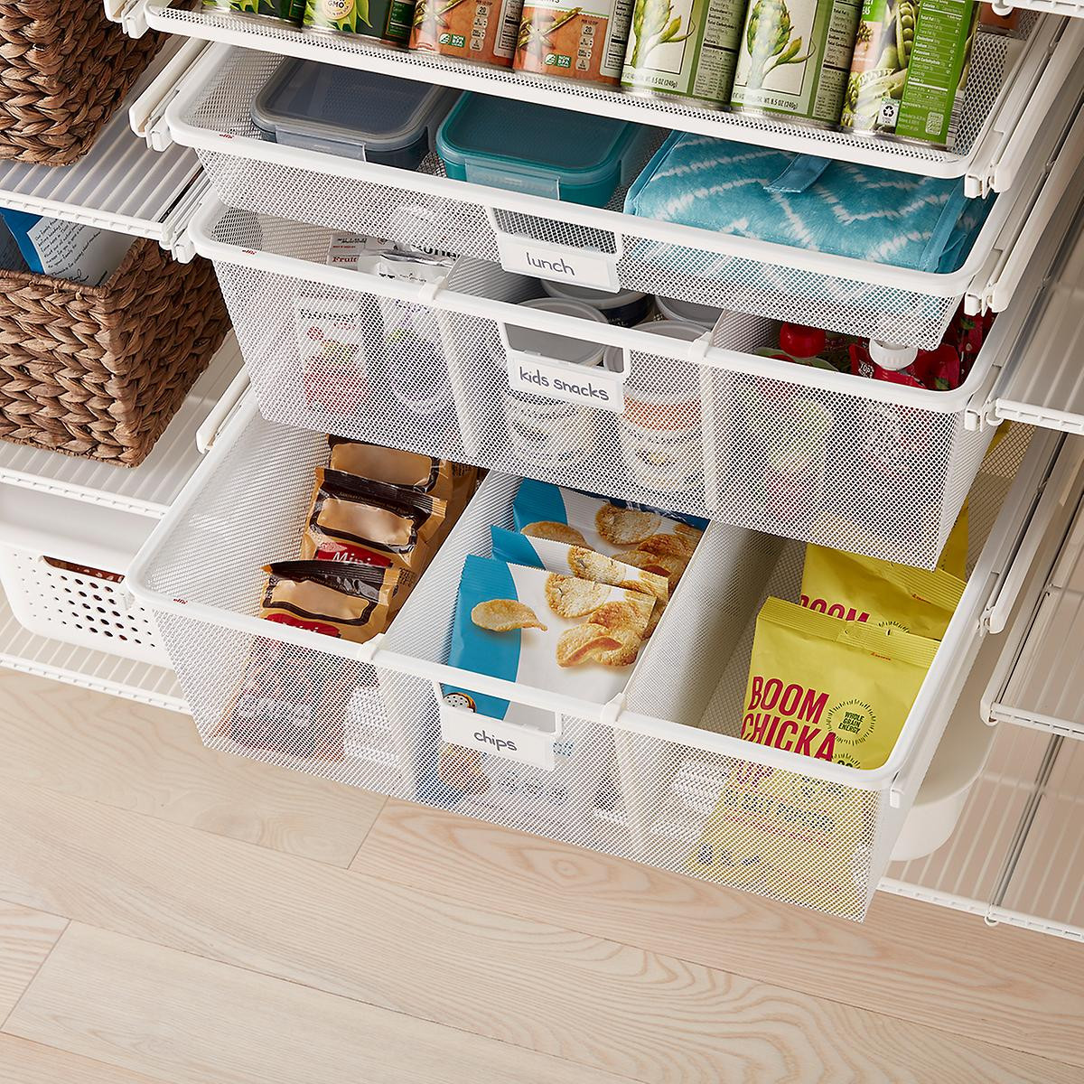 Elfa Classic White Walk-In Pantry with Door & Wall Rack | The Container Store