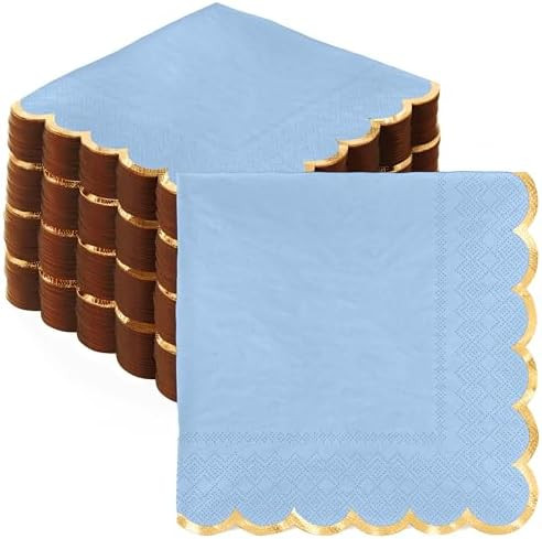 Party Solids Light Blue Scalloped Napkins With Gold Trim 64 Pcs 2-Ply Light Blue Scalloped Cockta... | Amazon (US)