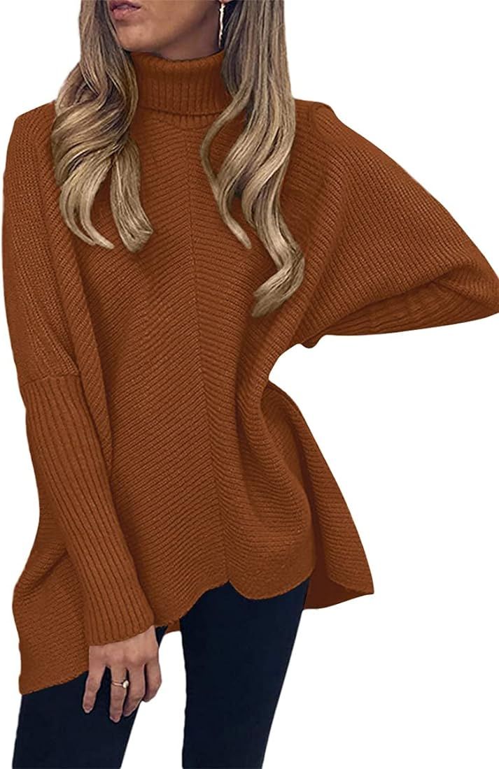 ANRABESS Womens Turtleneck Long Batwing Sleeve Asymmetric Hem Casual Pullover Sweater Knit Tops | Amazon (US)