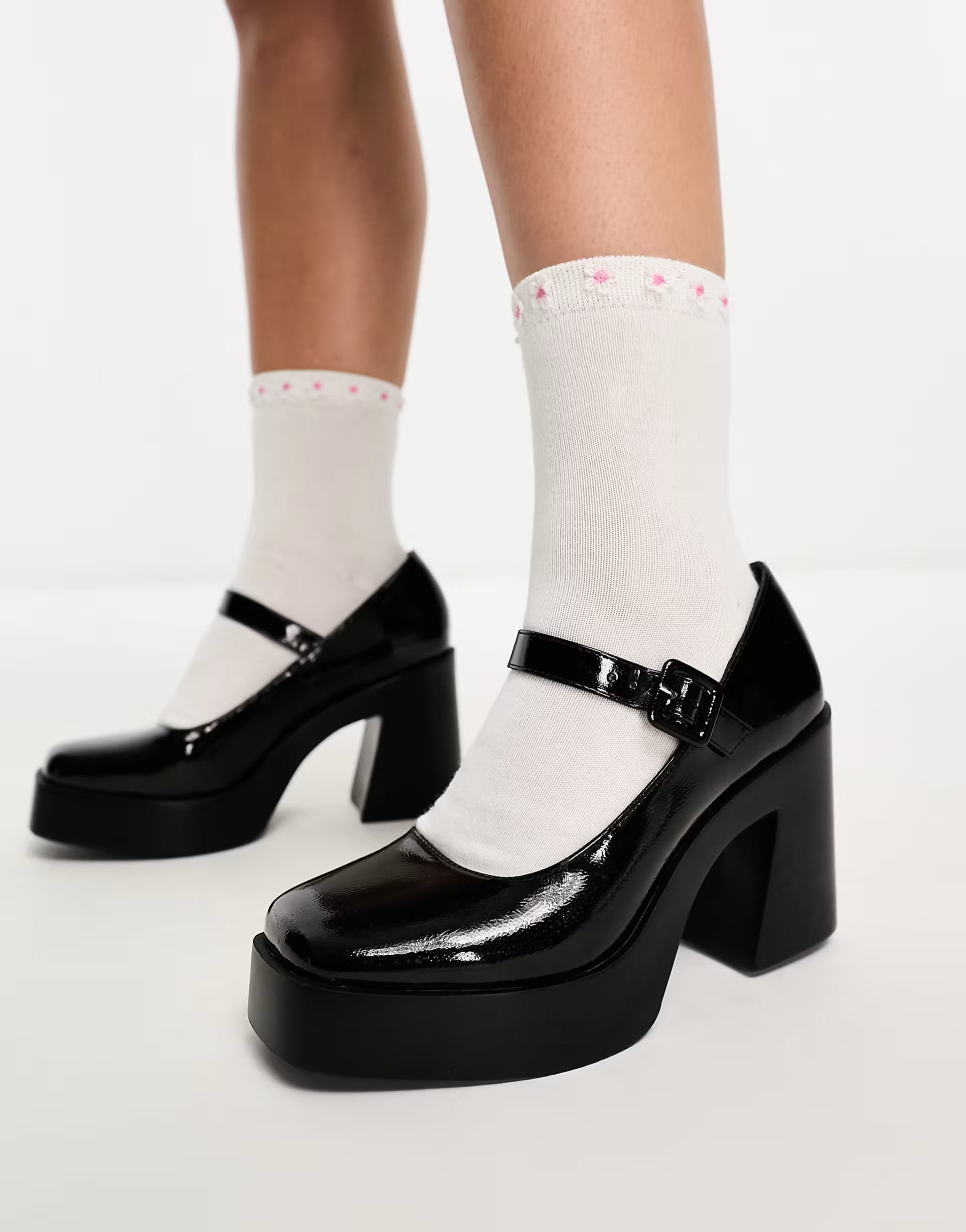 ASOS DESIGN Wide Fit Pound platform mary jane heeled shoes in black | ASOS (Global)