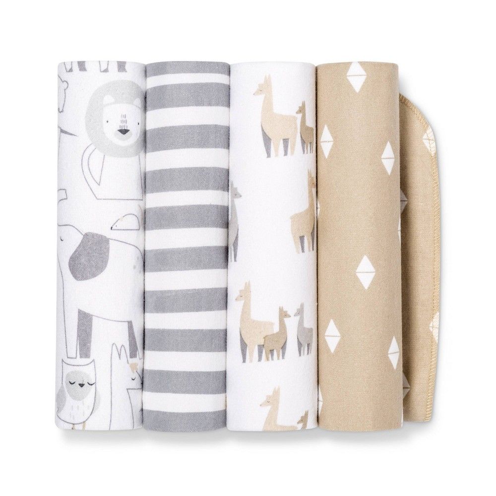 Flannel Baby Blankets Animals 4pk - Cloud Island Tan/Gray, Brown White | Target