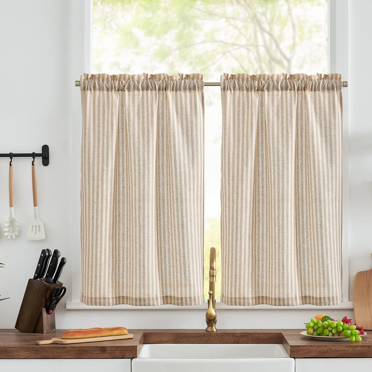 COLLACT Kitchen Curtains Linen Curtains Taupe Tiers Pinstripe Pattern Curtains 24 Inch Length Set... | Amazon (US)