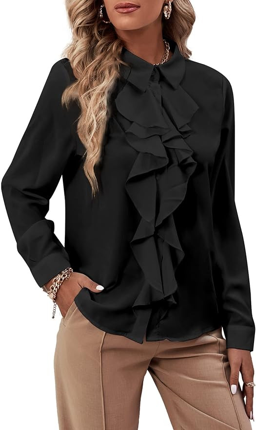 LYANER Women's Collar Neck Button Down Ruffle Front Long Sleeve Blouse Shirt Top | Amazon (US)