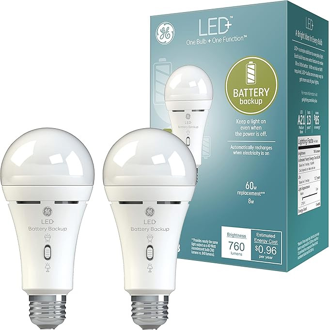 GE LED+ Battery Backup Emergency Light Bulb for Power Outages, Flashlight Bulb, A21 (2 Pack) | Amazon (US)
