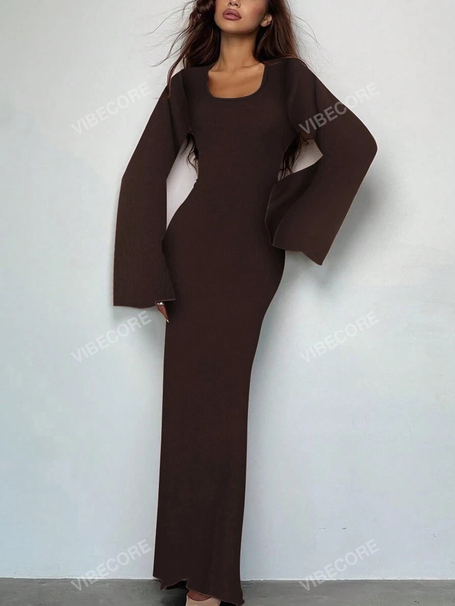 Women Casual Round Neck Bodycon Long Flare Sleeves Back Tie Elegant Daily Street Spring Long Dres... | SHEIN