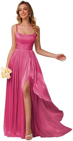 ForElise Ruffles Chiffon Bridesmaid Dresses for Women Long Square Neck A-Line Pleated Formal Even... | Amazon (US)