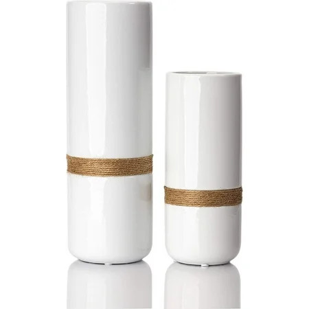 White Flower Vase Set - Elegant White Vases for Decor with Rustic Boho Rope Accent Non-Scratch Base  | Walmart (US)