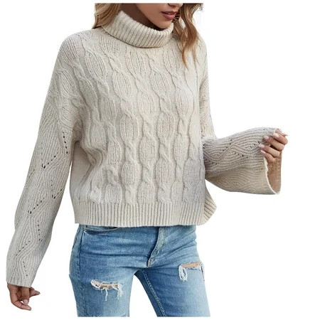 Womens Fall Sweaters 2022 Fashion Casual O Neck Turtleneck Solid Color Flare Sleeve Pullover Sweater | Walmart (US)