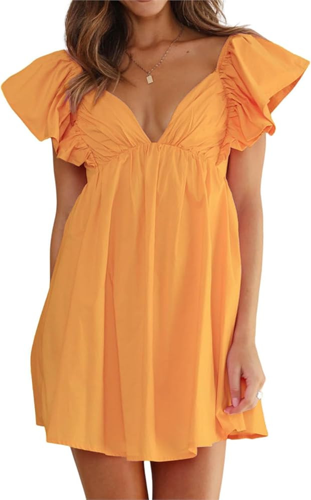 Women's Butterfly Flounce Sleeve Bow Tie Back Mini Babydoll Dress | Amazon (US)