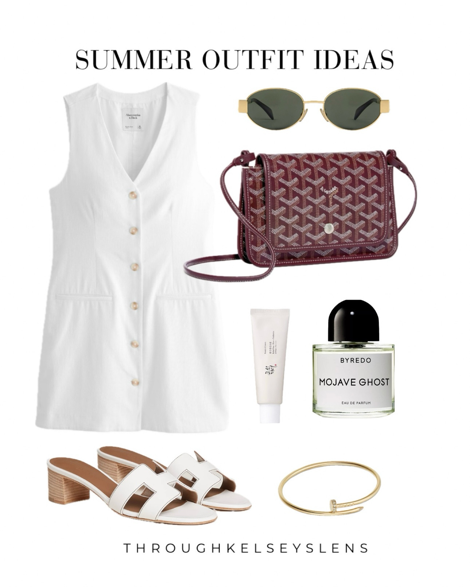 Summer or hot weather vacation outfit idea
- Abercrombie mini vest linen dress in white 
- Hermes Oasis sandals in white
- Goyard Plumet Pocket Wallet in Burgundy
- Celine Triomphe Metal Sunglasses
- Cartier Juste un Clou bracelet
- Beauty of Joseon sunscreen
- Byredo Mojave Ghost perfume

#LTKtravel #LTKstyletip #LTKSeasonal