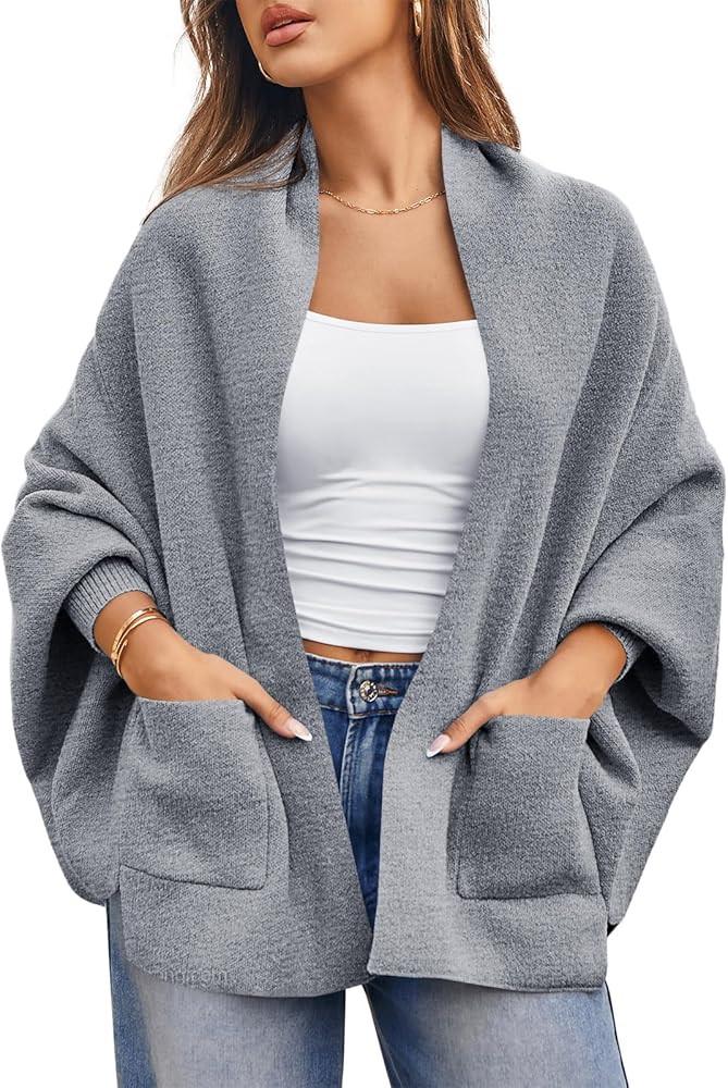 Saodimallsu Womens Open Front Cardigan Batwing Long Sleeve Shawl Chunky Knit Loose Fall Poncho Sw... | Amazon (US)