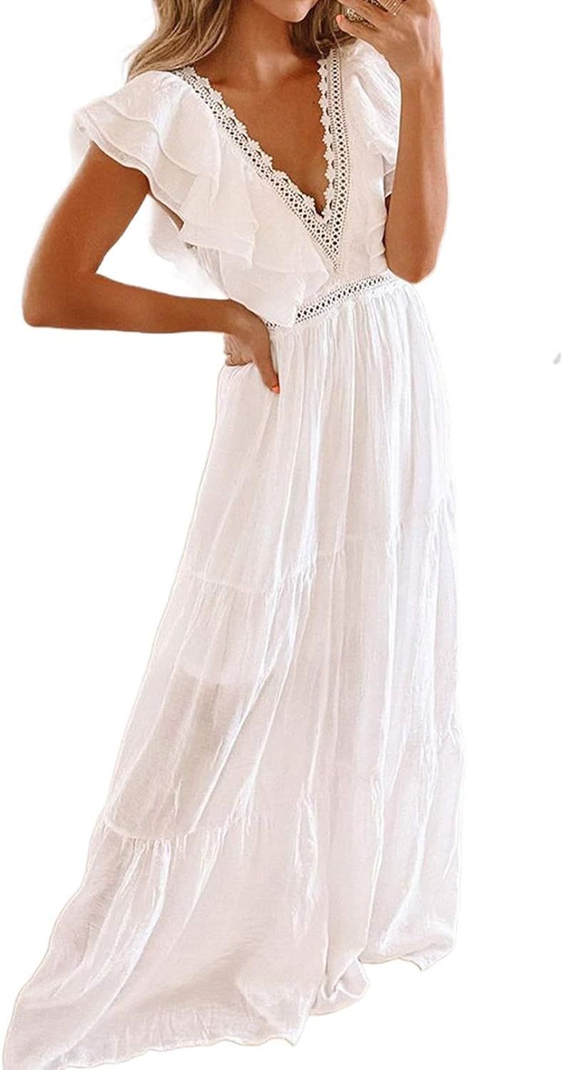 SAUKOLE Women's Summer Sleeveless Strapless Ruffle Off The Shoulder Swing Cocktail Party Dress | Amazon (US)