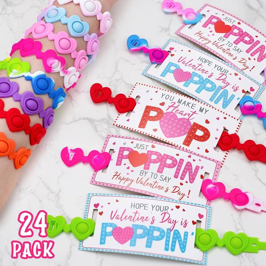Valentines Day Gifts for Kids - 24 Pack Valentines Cards with Heart POP Bracelets - Sensory Fidge... | Amazon (US)