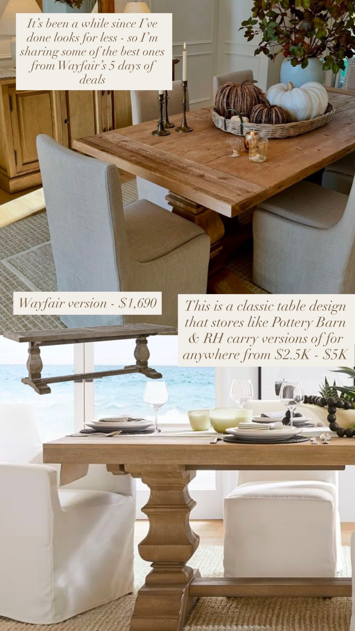 It’s been a while since I’ve done some looks for less - so sharing some today from Wayfair’s 5 days of deals!

This dining table is a classic design that well known retailers carry for between $2.5K - $5K

This Wayfair option is very similar for half the price 

#LTKSaleAlert #LTKHome